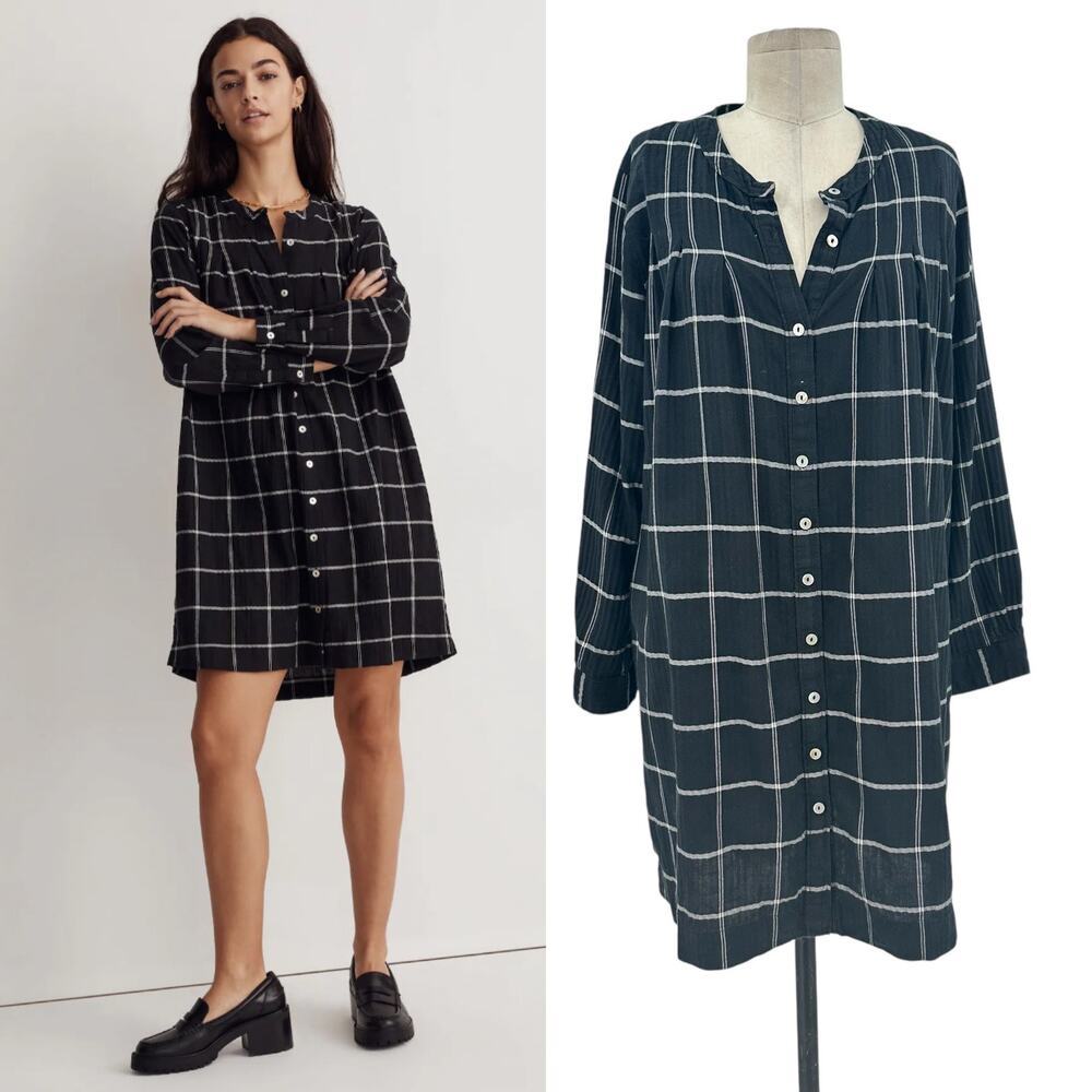 Madewell Collarless Shirtdress in Windowpane True Black Size Medium